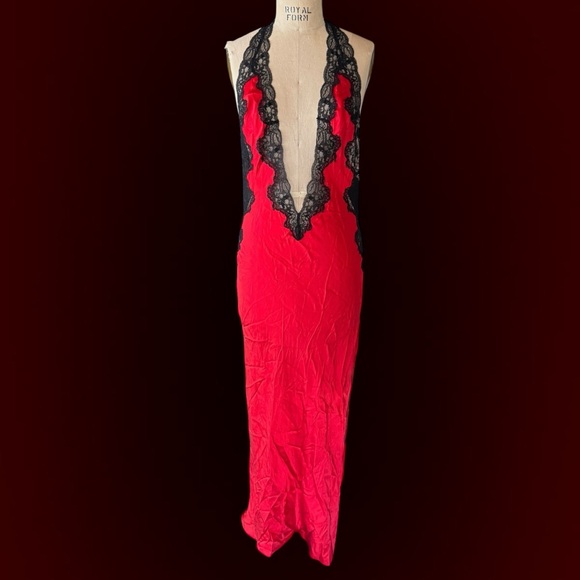 Vintage Y2K Victorias Secret Red Silk Black Lace Maxi Slip Dress NWT - Picture 4 of 13